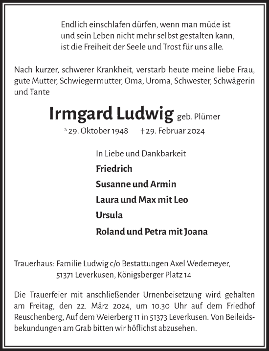 Anzeige von Irmgard Ludwig von  Lokale Informationen 