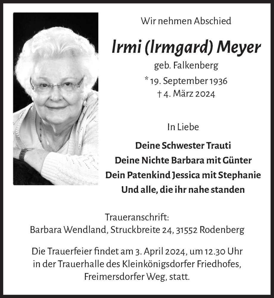  Traueranzeige für Irmgard Meyer vom 28.03.2024 aus  Wochenende 