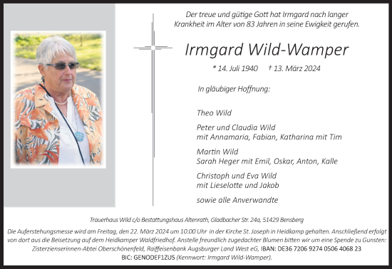 Anzeige von Irmgard Wild-Wamper von Kölner Stadt-Anzeiger / Kölnische Rundschau / Express