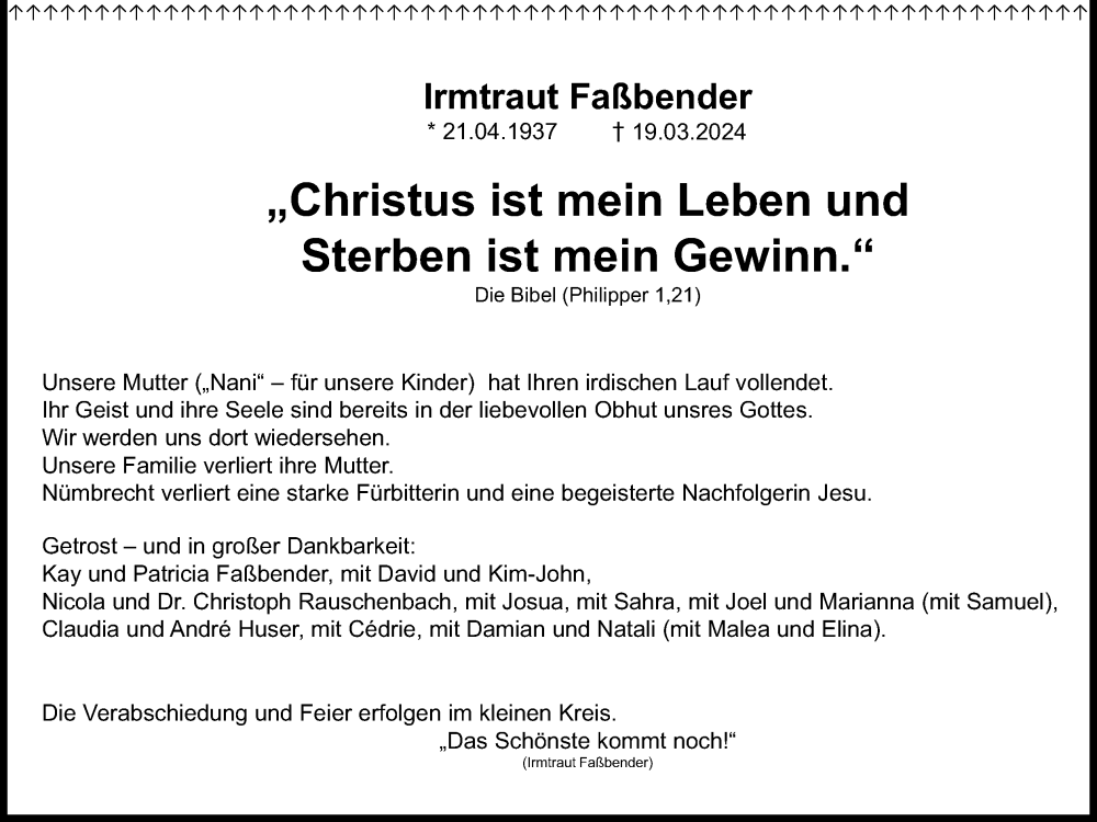  Traueranzeige für Irmtraut Faßbender vom 23.03.2024 aus Kölner Stadt-Anzeiger / Kölnische Rundschau / Express