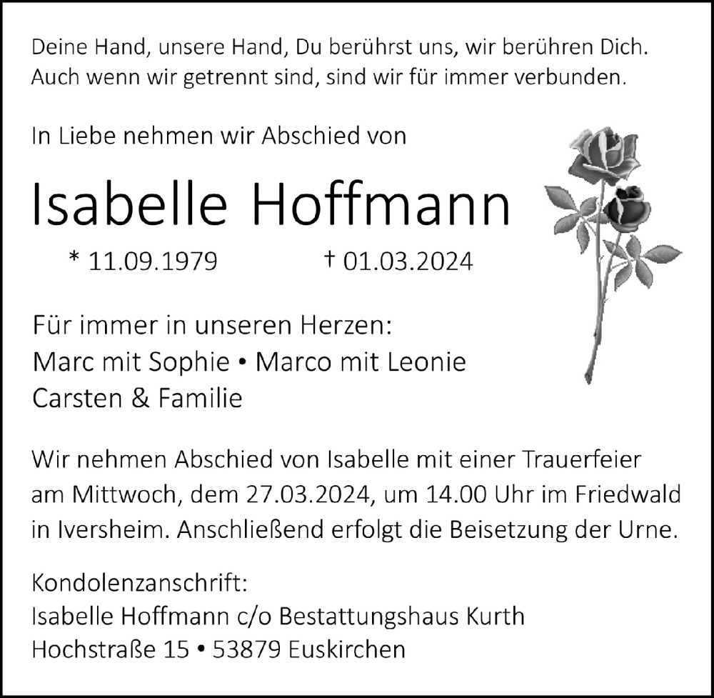  Traueranzeige für Isabelle Hoffmann vom 16.03.2024 aus  Blickpunkt Euskirchen 