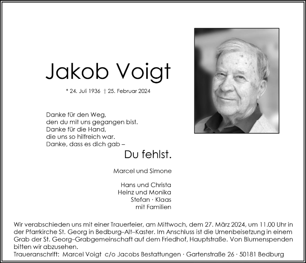  Traueranzeige für Jakob Voigt vom 15.03.2024 aus  Werbepost 