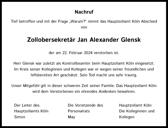 Anzeige von Jan Alexander Glensk von Kölner Stadt-Anzeiger / Kölnische Rundschau / Express