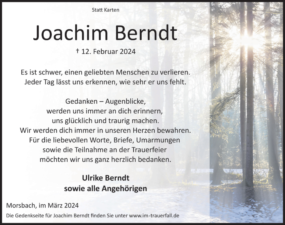  Traueranzeige für Joachim Berndt vom 22.03.2024 aus  Lokalanzeiger 