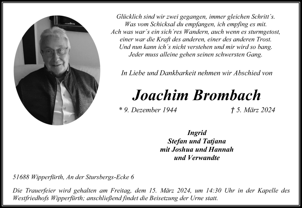  Traueranzeige für Joachim Brombach vom 09.03.2024 aus Kölner Stadt-Anzeiger / Kölnische Rundschau / Express