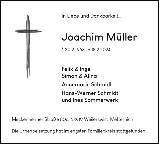 Anzeige von Joachim Müller von Kölner Stadt-Anzeiger / Kölnische Rundschau / Express