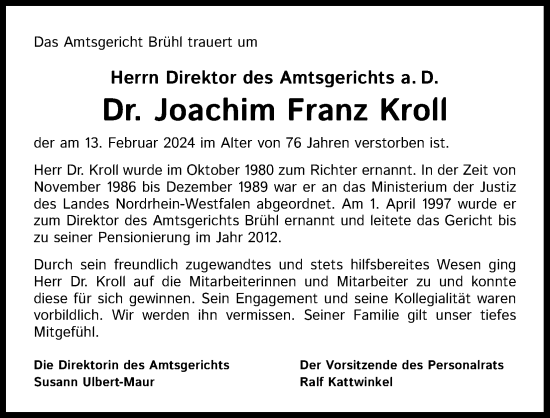 Anzeige von Joachim Franz Kroll von Kölner Stadt-Anzeiger / Kölnische Rundschau / Express