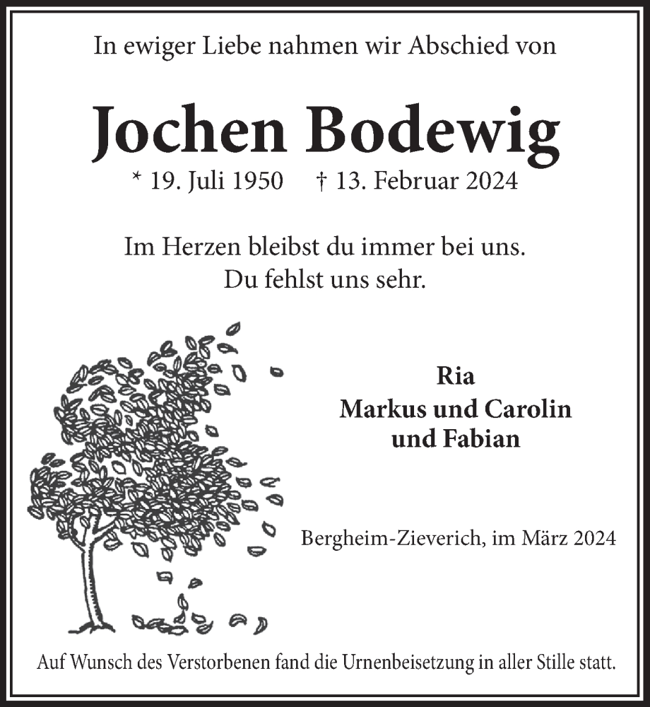  Traueranzeige für Jochen Bodewig vom 15.03.2024 aus  Werbepost 