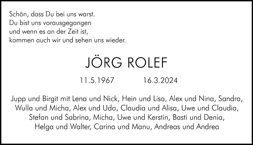  Traueranzeige für Jörg Rolef vom 22.03.2024 aus  Schlossbote/Werbekurier 