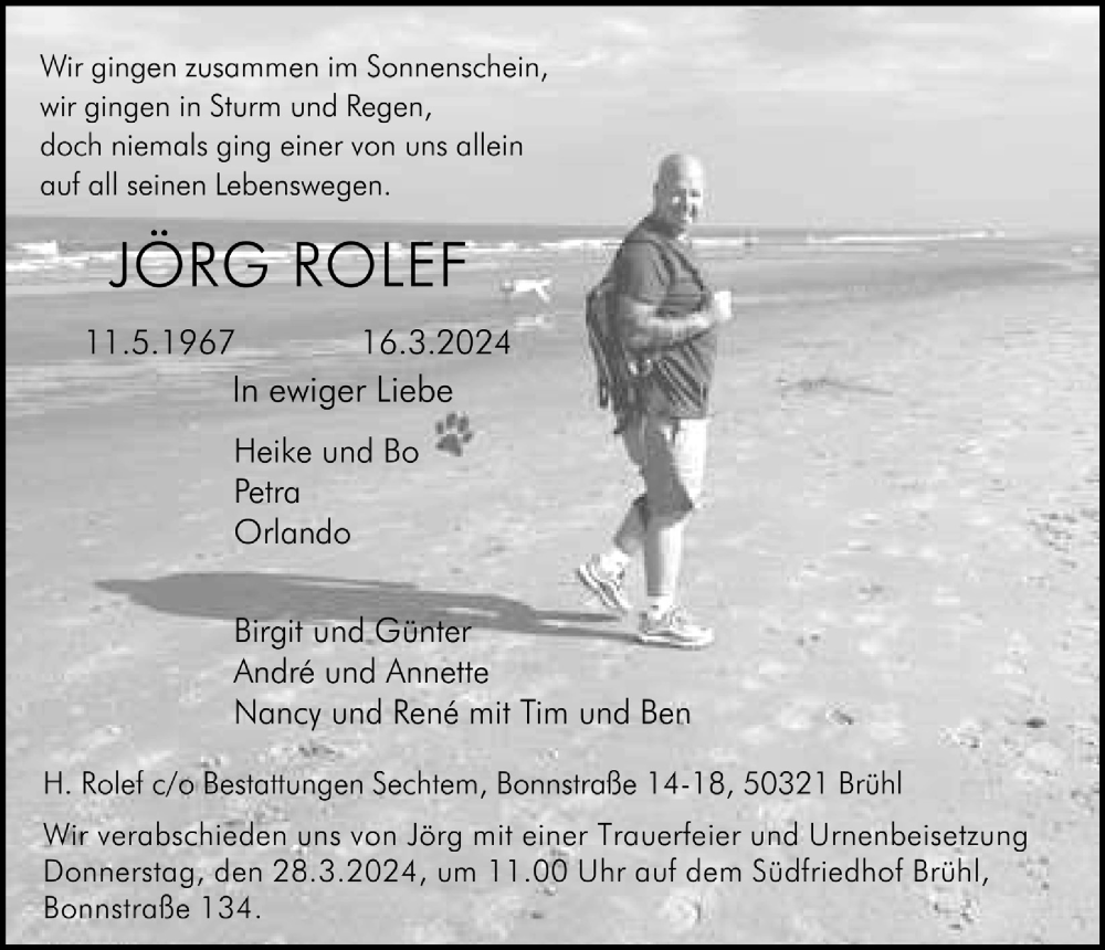  Traueranzeige für Jörg Rolef vom 22.03.2024 aus  Schlossbote/Werbekurier 