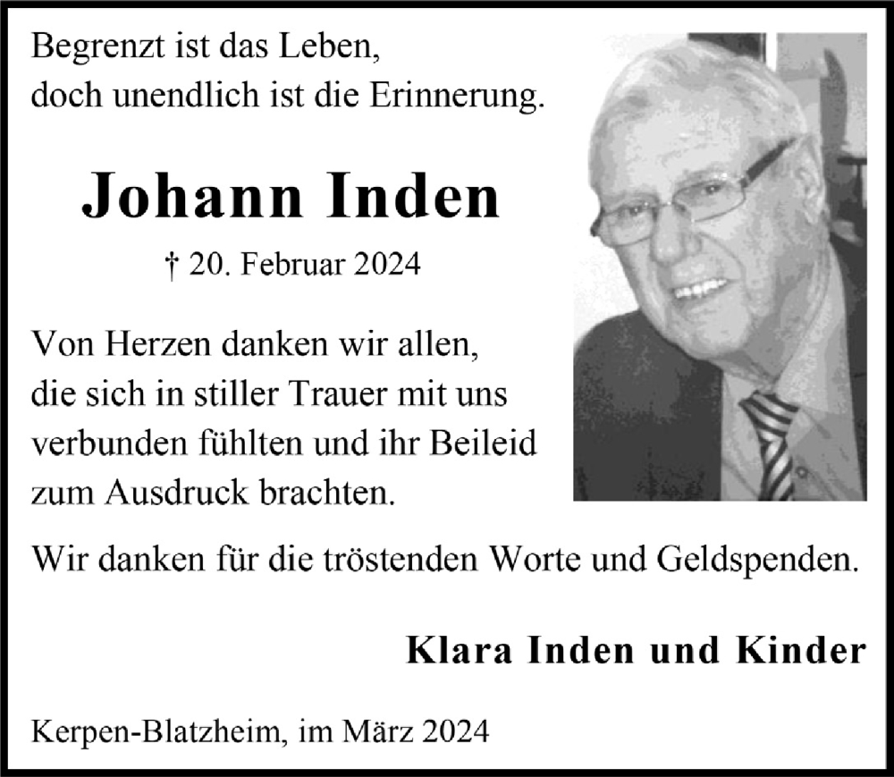  Traueranzeige für Johann Inden vom 28.03.2024 aus  Werbepost 