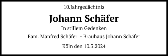 Anzeige von Johann Schäfer von Kölner Stadt-Anzeiger / Kölnische Rundschau / Express