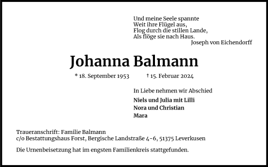 Anzeige von Johanna Balmann von Kölner Stadt-Anzeiger / Kölnische Rundschau / Express