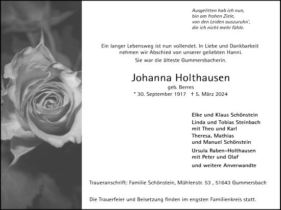Anzeige von Johanna Holthausen von Kölner Stadt-Anzeiger / Kölnische Rundschau / Express
