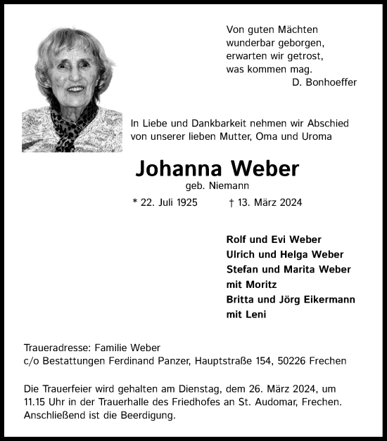 Anzeige von Johanna Weber von Kölner Stadt-Anzeiger / Kölnische Rundschau / Express