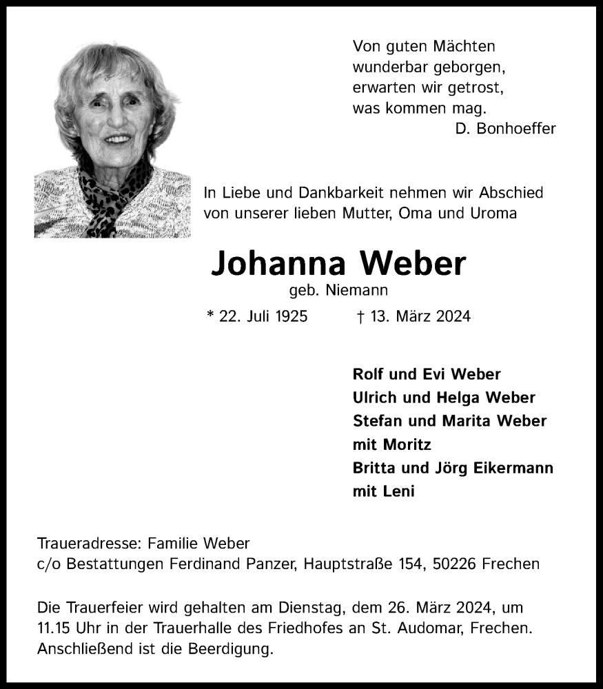  Traueranzeige für Johanna Weber vom 16.03.2024 aus Kölner Stadt-Anzeiger / Kölnische Rundschau / Express