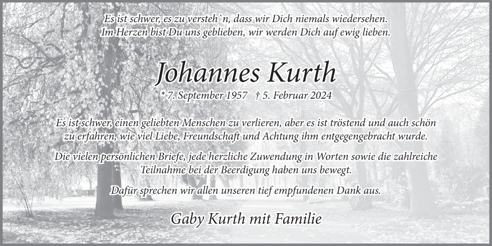  Traueranzeige für Johannes Kurth vom 15.03.2024 aus  Wochenende 