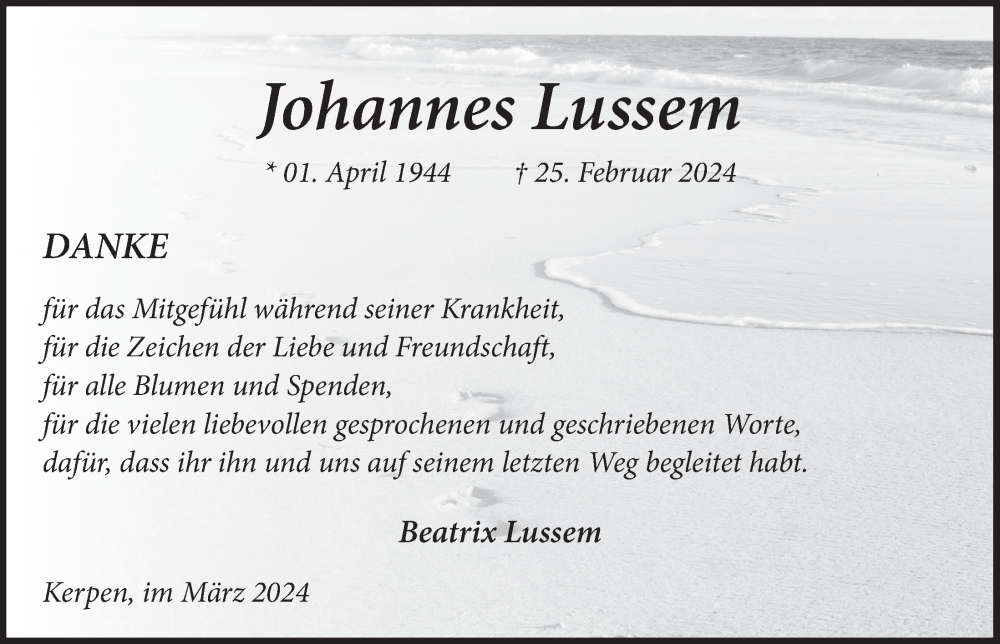  Traueranzeige für Johannes Lussem vom 22.03.2024 aus  Werbepost 