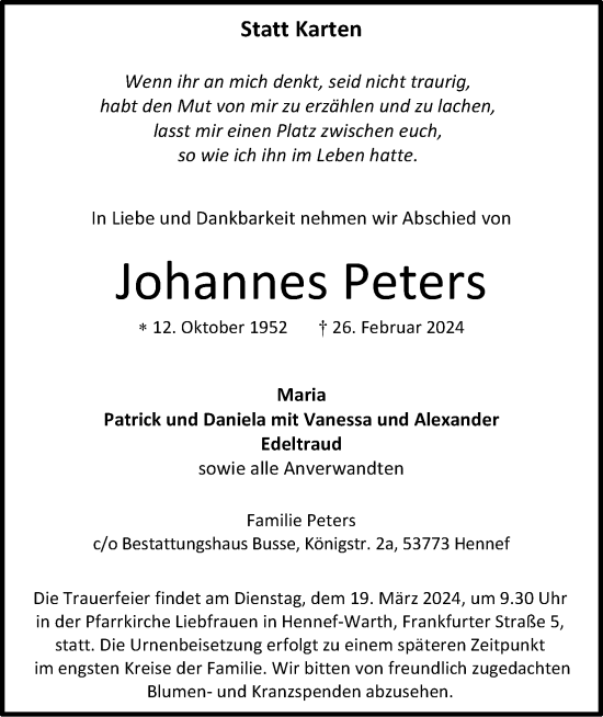 Anzeige von Johannes Peters von Kölner Stadt-Anzeiger / Kölnische Rundschau / Express