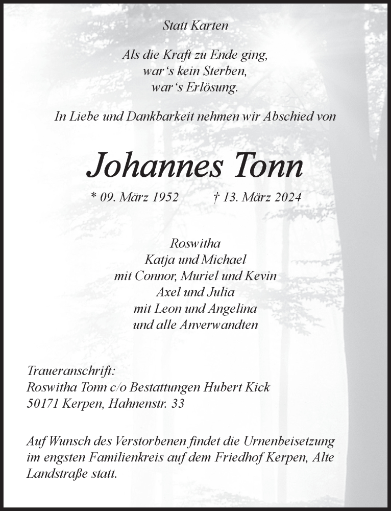  Traueranzeige für Johannes Tonn vom 22.03.2024 aus  Werbepost 