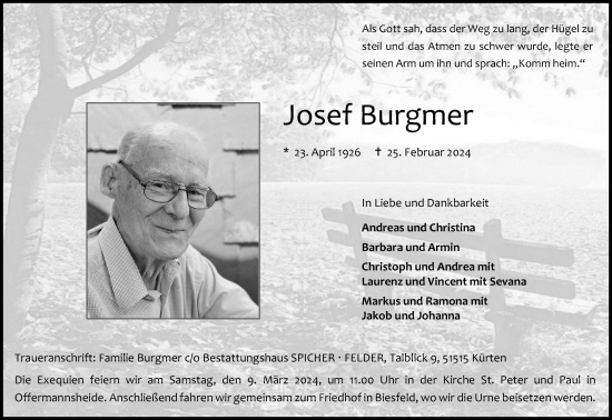 Anzeige von Josef Burgmer von Kölner Stadt-Anzeiger / Kölnische Rundschau / Express