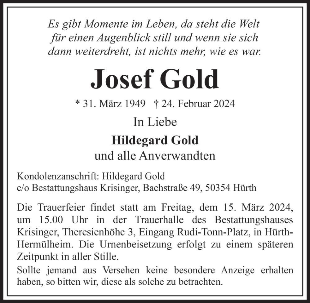  Traueranzeige für Josef Gold vom 08.03.2024 aus  Wochenende 