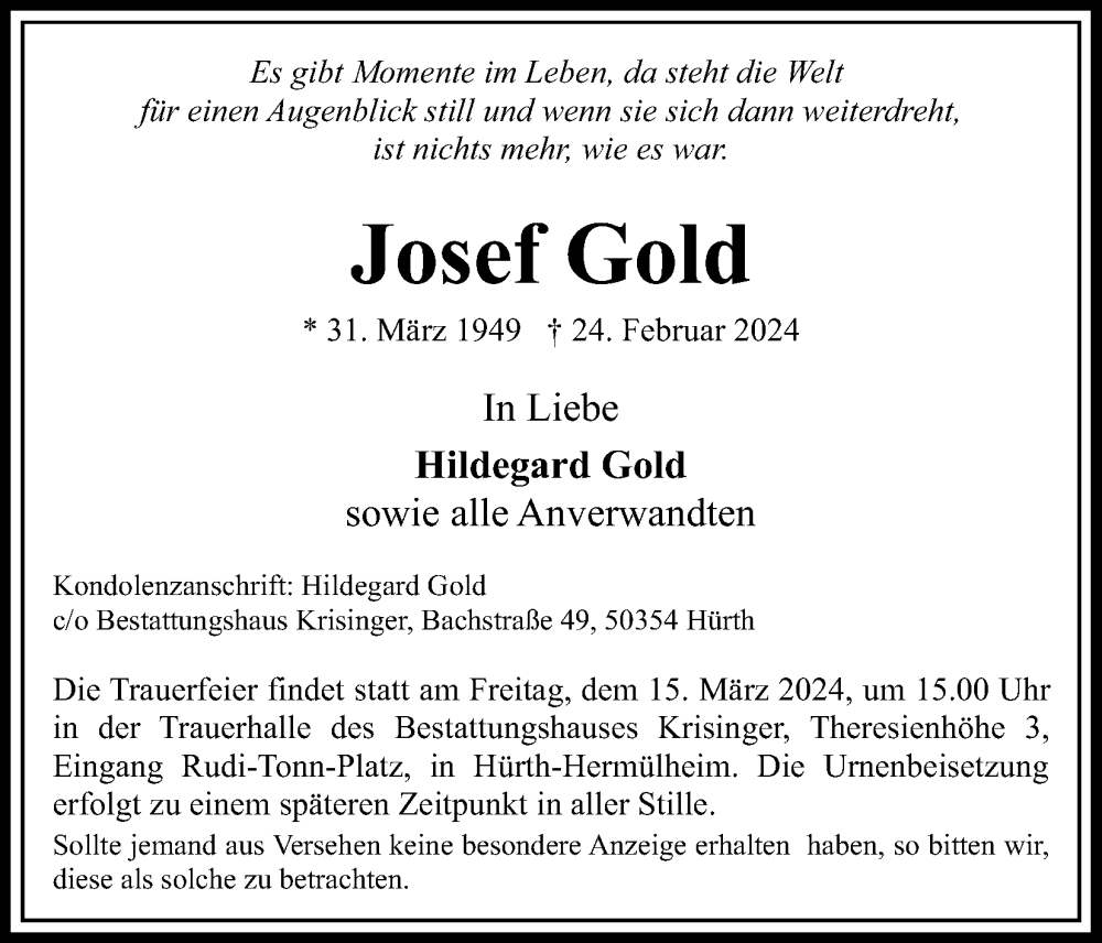  Traueranzeige für Josef Gold vom 09.03.2024 aus Kölner Stadt-Anzeiger / Kölnische Rundschau / Express