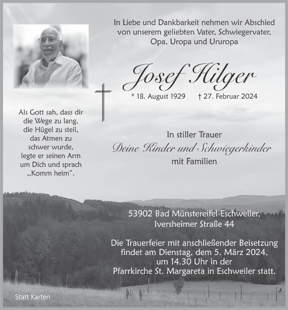  Traueranzeige für Josef Hilger vom 02.03.2024 aus  Blickpunkt Euskirchen 