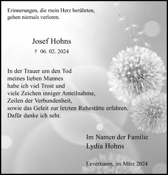 Anzeige von Josef Hohns von Kölner Stadt-Anzeiger / Kölnische Rundschau / Express