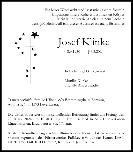 Anzeige von Josef Klinke von Kölner Stadt-Anzeiger / Kölnische Rundschau / Express