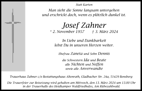 Anzeige von Josef Zahner von  Bergisches Handelsblatt 