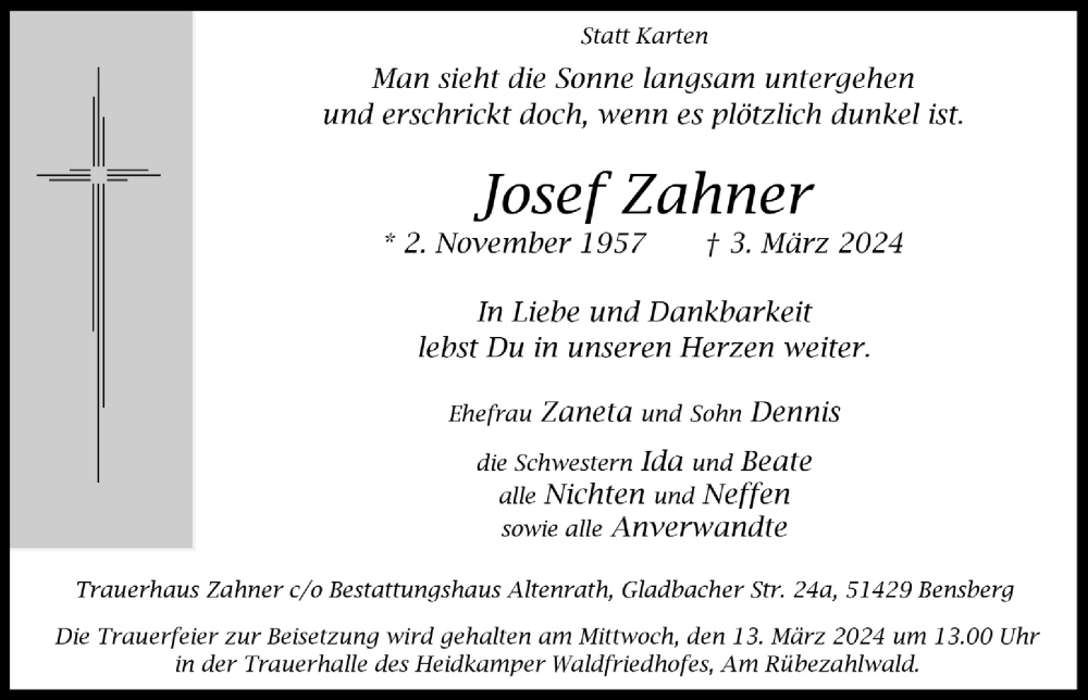  Traueranzeige für Josef Zahner vom 08.03.2024 aus  Bergisches Handelsblatt 