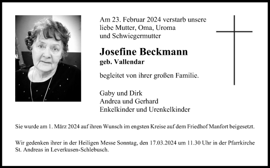 Anzeige von Josefine Beckmann von Kölner Stadt-Anzeiger / Kölnische Rundschau / Express