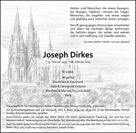 Anzeige von Joseph Dirkes von Kölner Stadt-Anzeiger / Kölnische Rundschau / Express