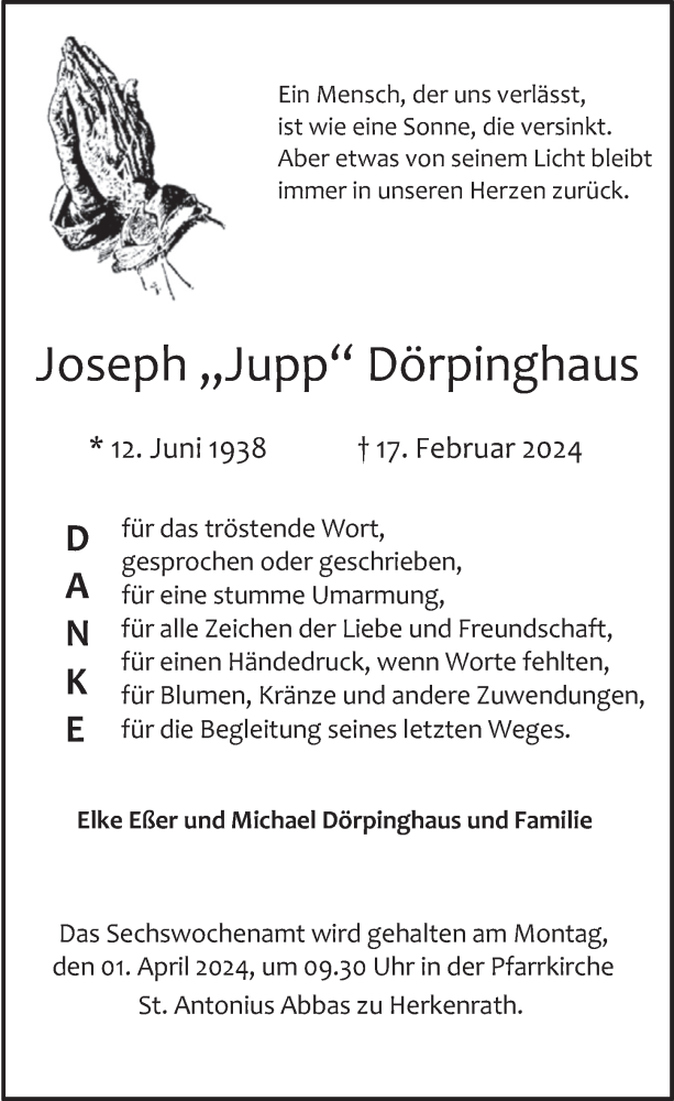  Traueranzeige für Joseph Dörpinghaus vom 22.03.2024 aus  Bergisches Handelsblatt 