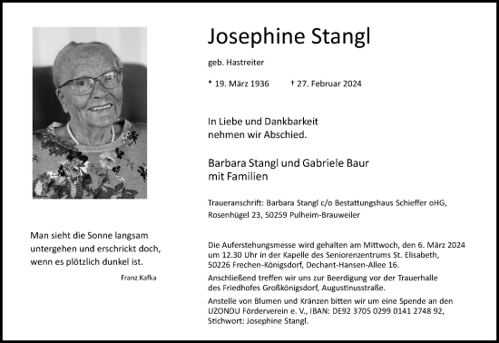 Anzeige von Josephine Stangl von Kölner Stadt-Anzeiger / Kölnische Rundschau / Express