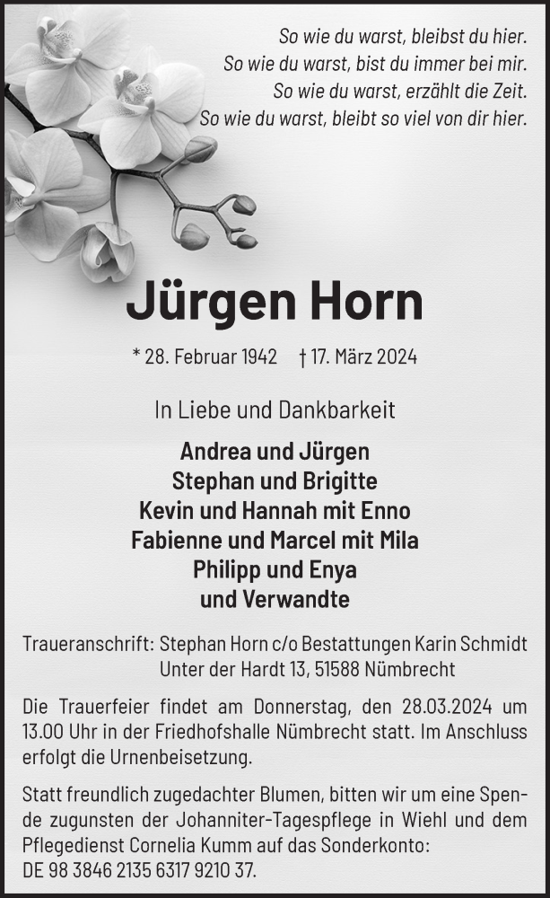 Traueranzeige für Jürgen Horn vom 22.03.2024 aus  Anzeigen Echo  Lokalanzeiger 