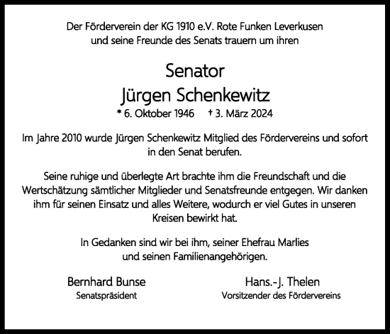 Anzeige von Jürgen Schenkewitz von Kölner Stadt-Anzeiger / Kölnische Rundschau / Express