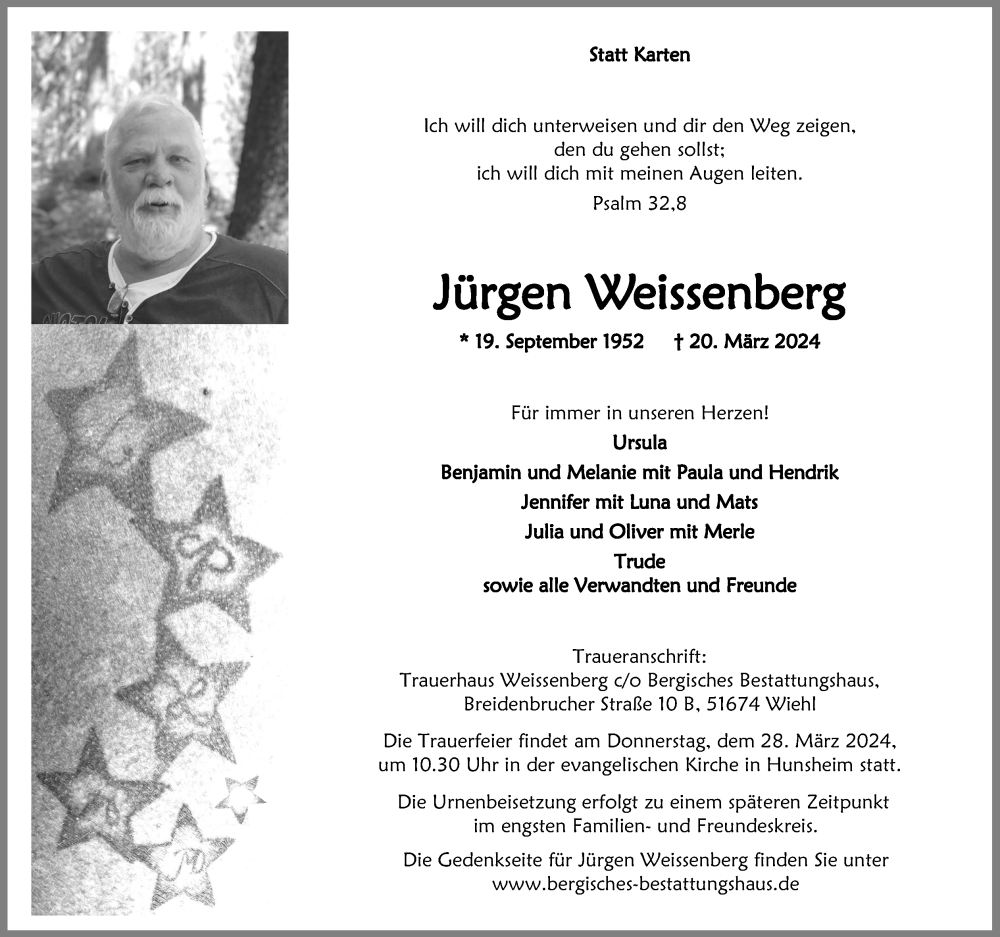  Traueranzeige für Jürgen Weissenberg vom 23.03.2024 aus Kölner Stadt-Anzeiger / Kölnische Rundschau / Express