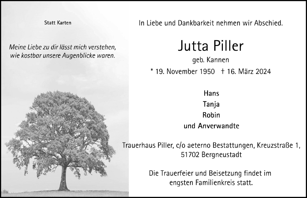  Traueranzeige für Jutta Piller vom 22.03.2024 aus  Anzeigen Echo 