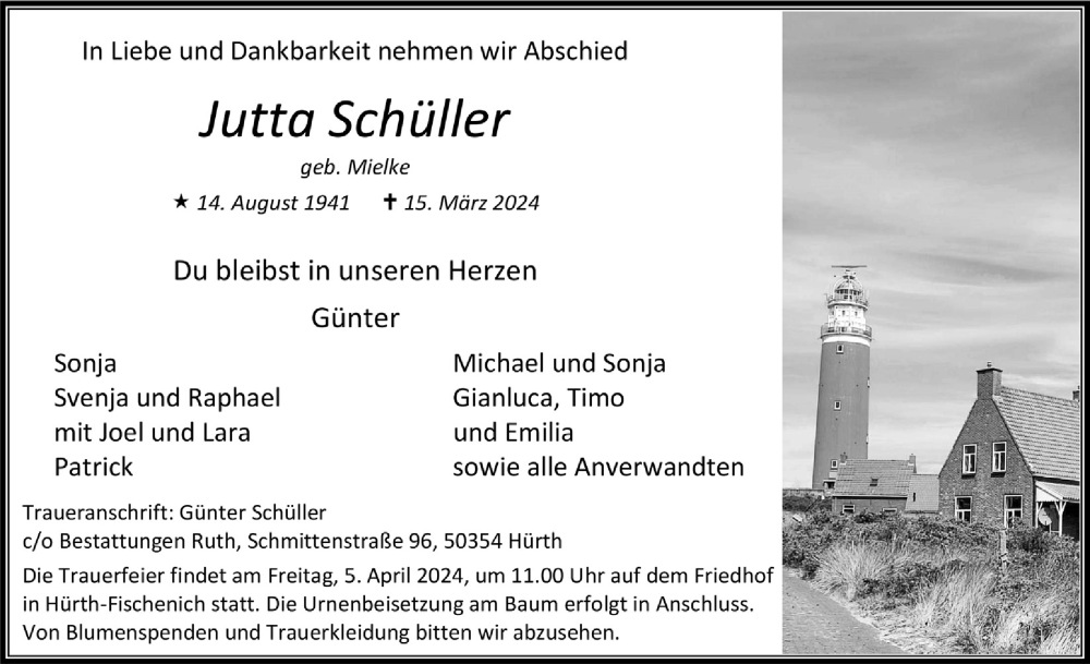  Traueranzeige für Jutta Schüller vom 28.03.2024 aus  Wochenende 