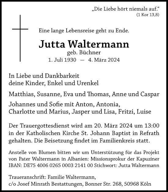 Anzeige von Jutta Waltermann von Kölner Stadt-Anzeiger / Kölnische Rundschau / Express