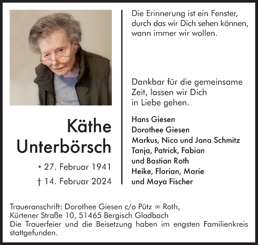  Traueranzeige für Käthe Unterbörsch vom 09.03.2024 aus Kölner Stadt-Anzeiger / Kölnische Rundschau / Express