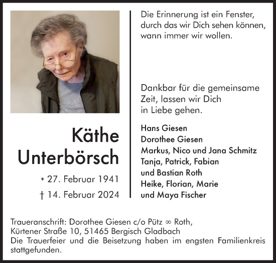 Anzeige von Käthe Unterbörsch von Kölner Stadt-Anzeiger / Kölnische Rundschau / Express