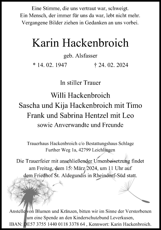 Anzeige von Karin Hackenbroich von Kölner Stadt-Anzeiger / Kölnische Rundschau / Express