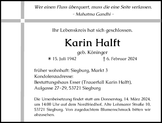 Anzeige von Karin Halft von Kölner Stadt-Anzeiger / Kölnische Rundschau / Express