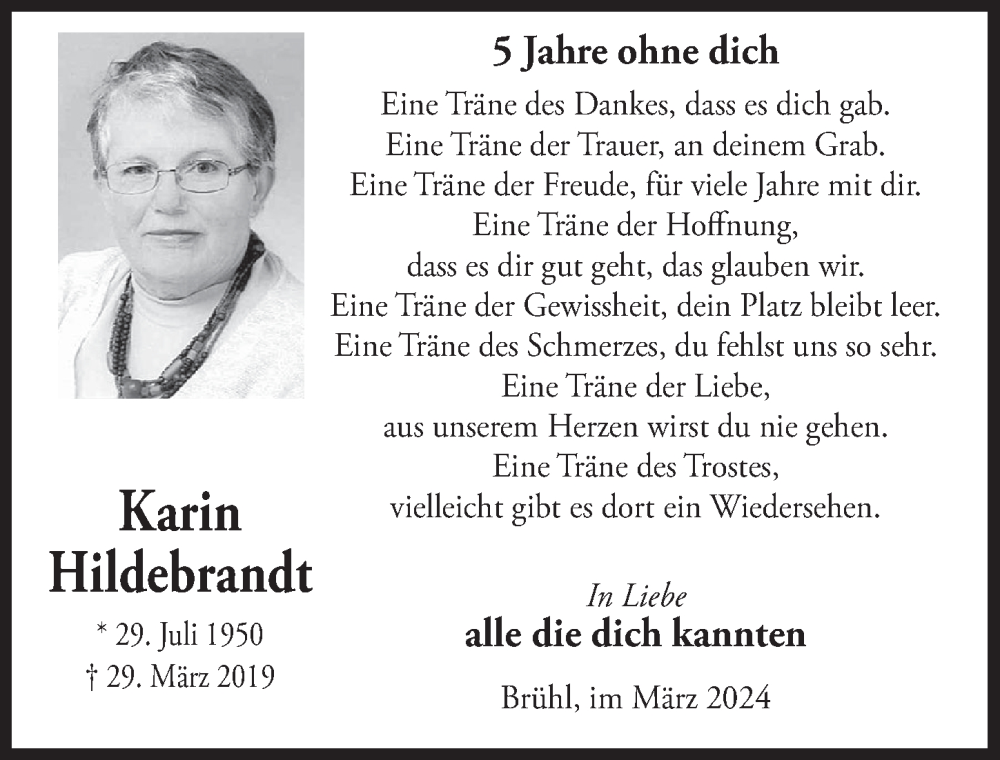  Traueranzeige für Karin Hildebrandt vom 18.07.2023 aus  Schlossbote/Werbekurier 