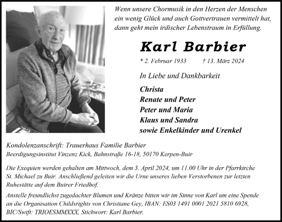 Anzeige von Karl Barbier von  Werbepost 
