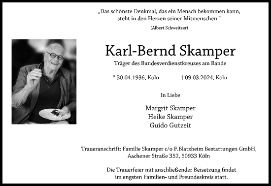 Anzeige von Karl-Bernd Skamper von Kölner Stadt-Anzeiger / Kölnische Rundschau / Express