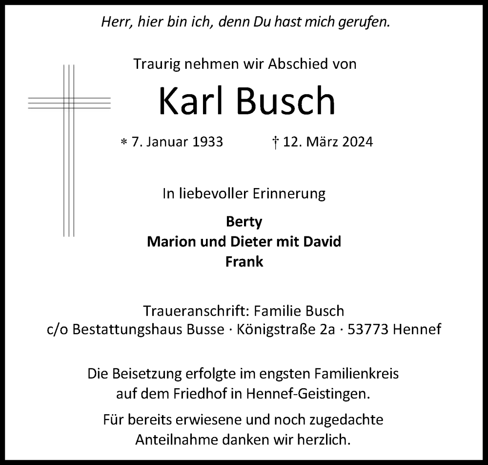  Traueranzeige für Karl Busch vom 23.03.2024 aus Kölner Stadt-Anzeiger / Kölnische Rundschau / Express